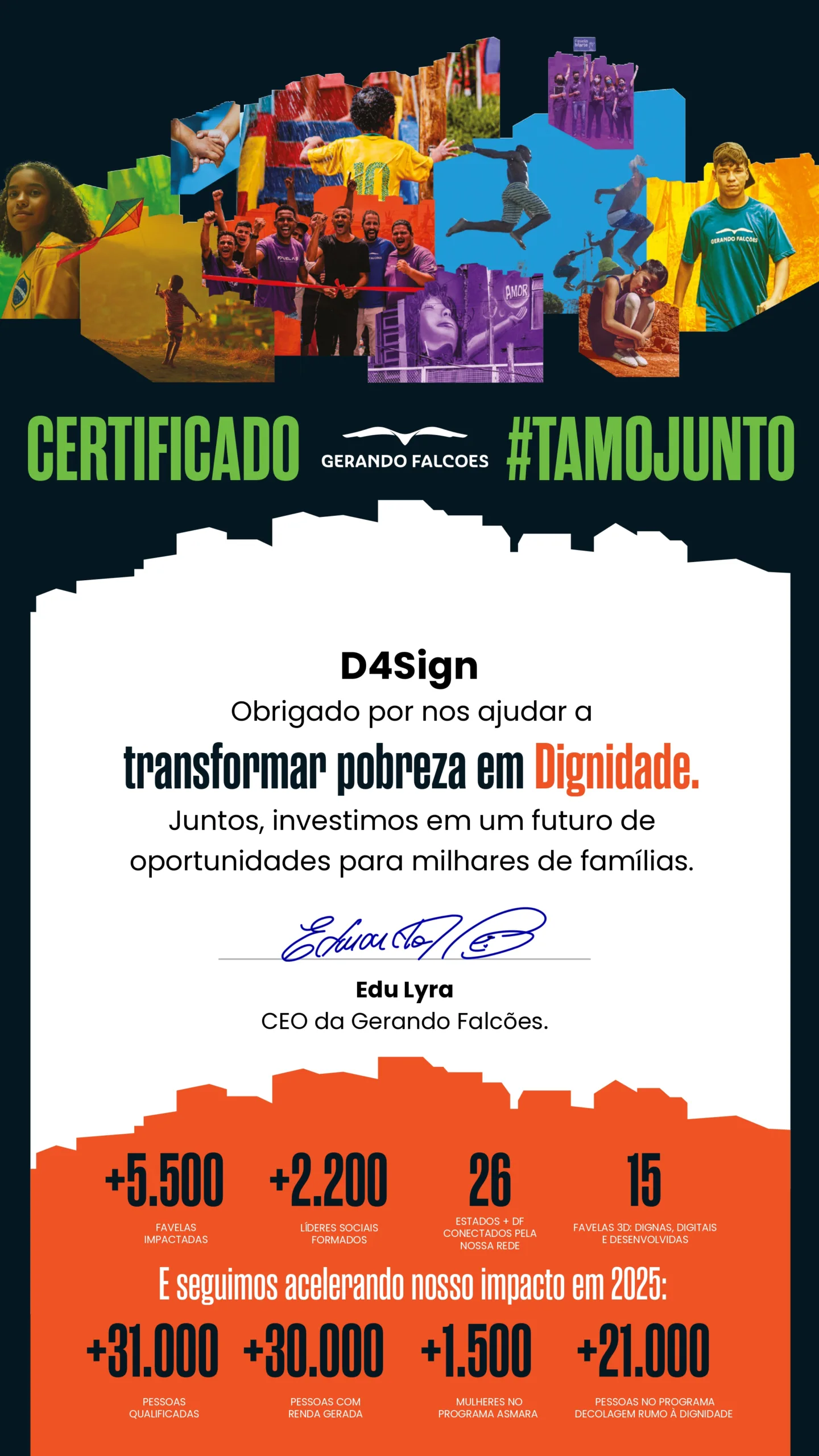 Certificado da Gerando Falc&otilde;es agradece &agrave; D4Sign pela parceria em 2025, apresentando fotos e m&eacute;tricas de impacto social e transforma&ccedil;&atilde;o de vidas.