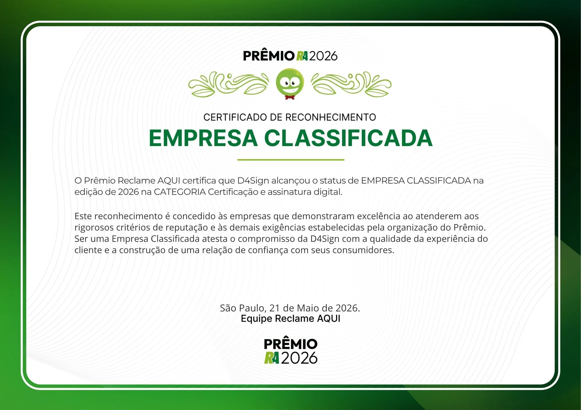 Certificado de reconhecimento Pr&ecirc;mio Reclame Aqui de 2026, atestando a D4Sign.