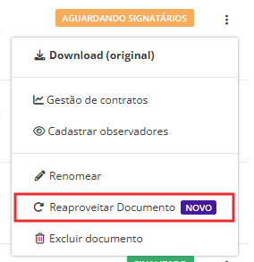 Menu de a&ccedil;&otilde;es da plataforma D4Sign com a op&ccedil;&atilde;o "Reaproveitar Documento" selecionada em um quadro vermelho.
