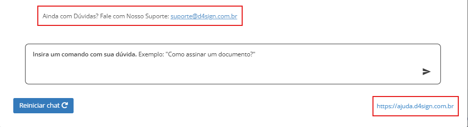 Captura de tela destaca links de ajuda e contato com o suporte, além do campo para inserir comandos com dúvidas na plataforma.