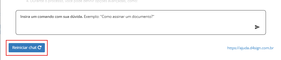 Captura de tela com foco no botão azul para reiniciar chat posicionado abaixo do campo de texto para comandos e dúvidas na plataforma.