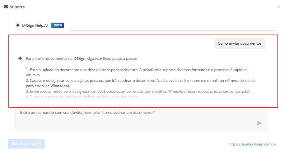 Janela de chat detalha a resposta da Inteligência Artificial para o envio de documentos, guiando o usuário passo a passo dentro da plataforma.