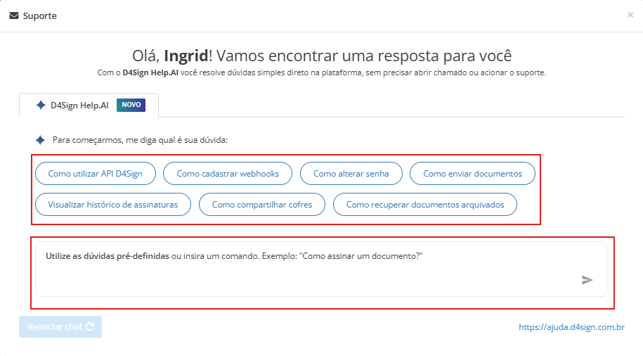 Interface do chat D4Sign Help.AI aberta em uma janela de suporte, apresentando sugestões de dúvidas frequentes e campo para digitar comandos.