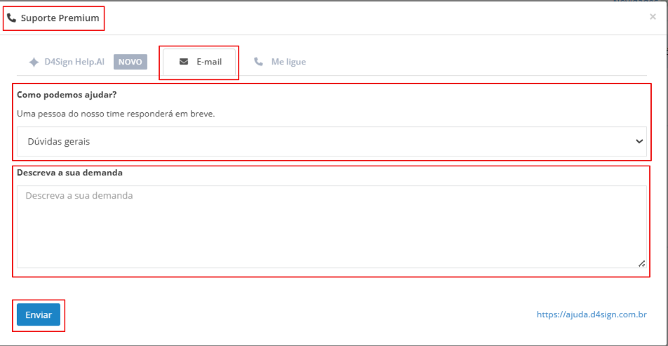 Interface da plataforma detalha o formulário de contato para o Suporte Premium por e-mail dentro do D4Sign Help.AI, com campos para selecionar o assunto e descrever a demanda.