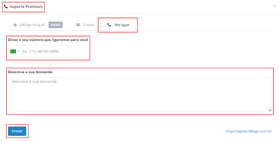 Interface de atendimento exibe o formulário para solicitar o Suporte Premium por ligação dentro do D4Sign Help.AI, permitindo que o usuário informe seu telefone para que a equipe entre em contato.