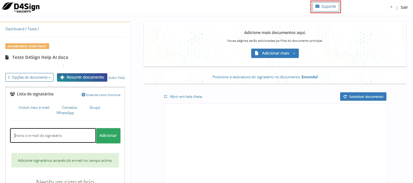 Interface da tela de envio de documentos, exibindo opções para adicionar signatários e o botão de "Suporte" destacado.
