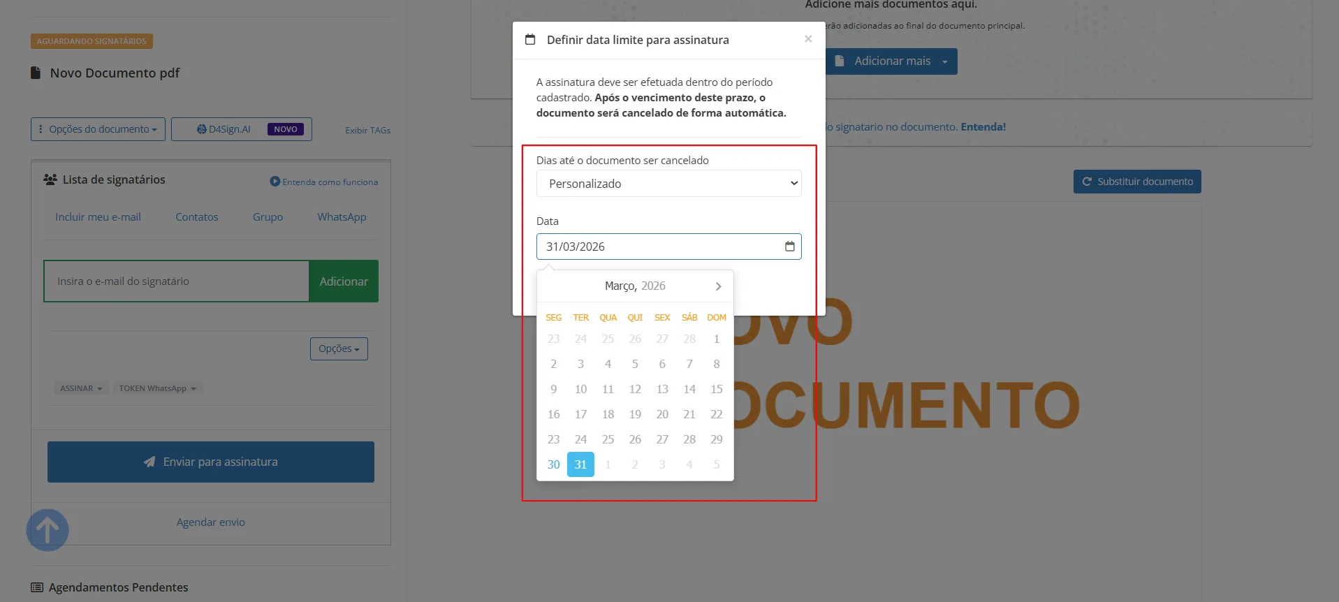 Exemplo de configura&ccedil;&atilde;o de intervalo personalizado para o recurso Definir Data Limite para Assinatura, exibindo um calend&aacute;rio para a escolha de uma data espec&iacute;fica de vencimento.