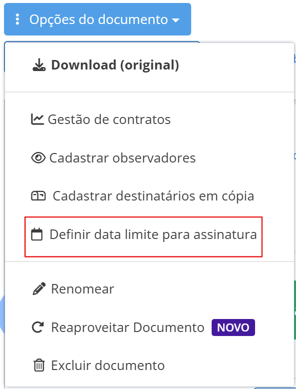 Menu de op&ccedil;&otilde;es do documento com o item &ldquo;Definir data limite para assinatura&rdquo; destacado em um quadro vermelho, indicando onde configurar o prazo de validade do processo.