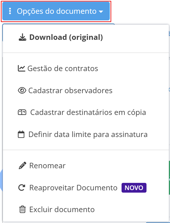 Menu suspenso "Op&ccedil;&otilde;es do documento" aberto na plataforma, exibindo diversas funcionalidades como download, gest&atilde;o de contratos e defini&ccedil;&atilde;o de data limite.