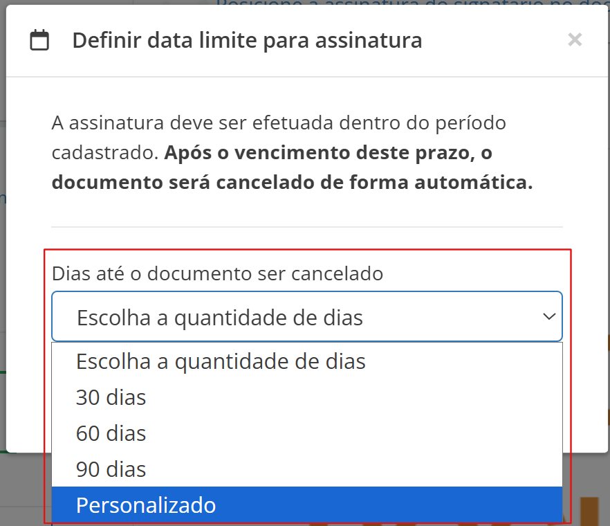 Janela suspensa exibe o modal de escolha de intervalo para o recurso, permitindo selecionar prazos de 30, 60, 90 dias ou um per&iacute;odo personalizado.