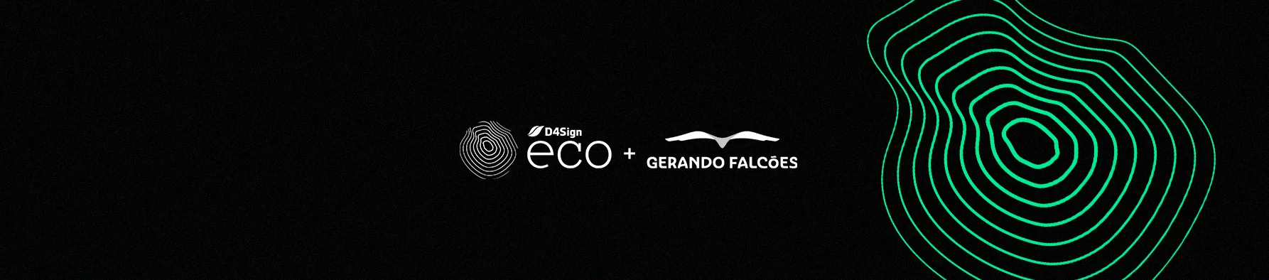 Logotipo do D4Sign Eco ao lado da marca Gerando Falcões sobre fundo preto, celebrando a parceria com a maior plataforma de assinatura do país.