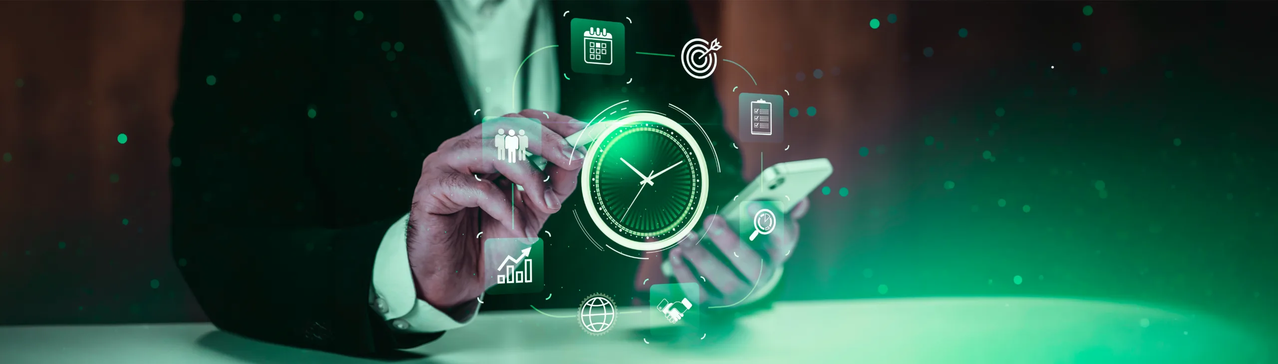 Executivo usa smartphone com holograma de relógio e ícones de produtividade, destacando a eficiência na gestão de tempo.