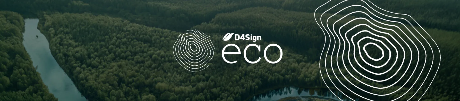 Logotipo do D4Sign ECO centralizado sobre vista aérea de floresta e rio, exaltando a sustentabilidade.