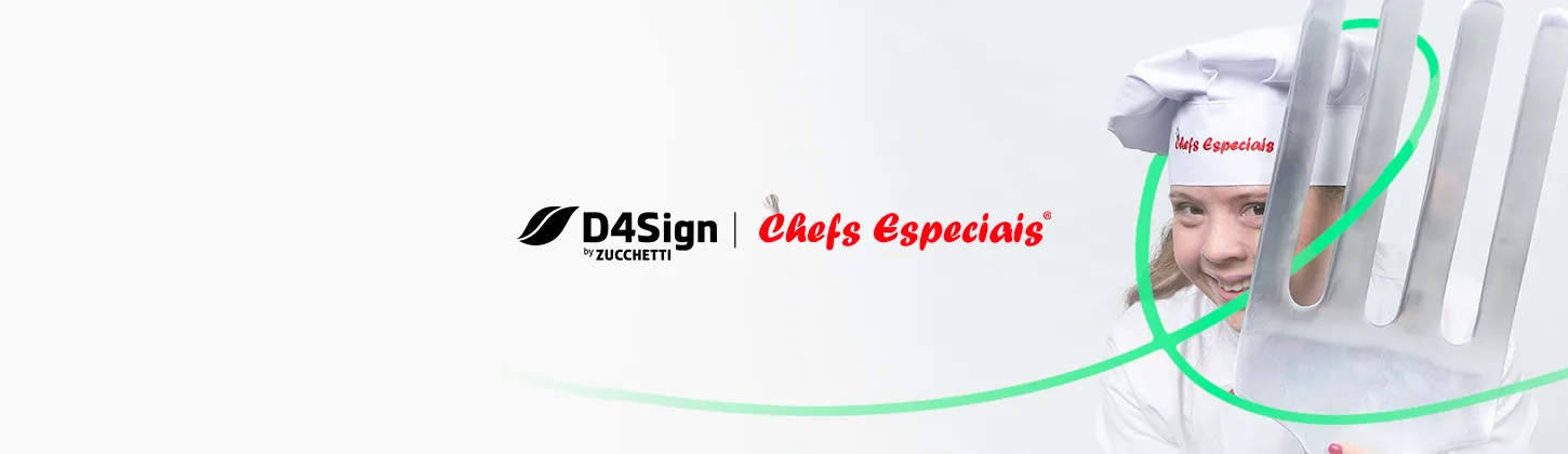 Uma criança sorridente, vestindo um chapéu de chef branco com a inscrição vermelha "Chefs Especiais", espreita por trás de um garfo gigante de metal.