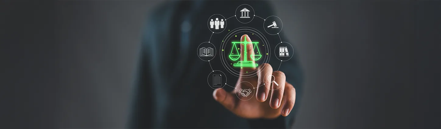 Uma pessoa toca em uma interface digital que exibe uma balança da justiça, cercada por ícones que representam negócios, leis e documentos. A imagem simboliza o processo de Due diligence, a análise e verificação minuciosa de informações para garantir a conformidade legal e financeira.