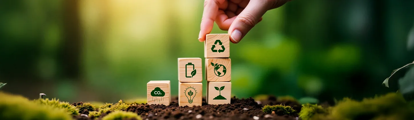 Uma mão coloca blocos de madeira com ícones de sustentabilidade, como CO2, reciclagem e uma planta, sobre um pequeno monte de terra. A imagem simboliza as ações necessárias para um futuro sustentável, incluindo a compensação de carbono e outras iniciativas ecológicas.