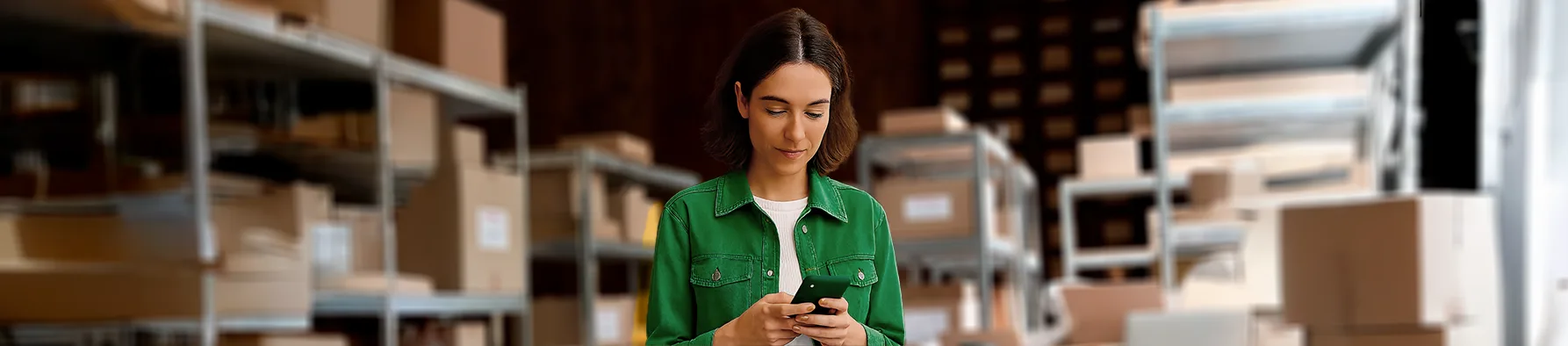 Uma mulher em uma jaqueta verde está sorrindo enquanto usa um smartphone em um grande armazém cheio de caixas. A cena sugere que ela está gerenciando operações e logística, indicando a importância do planejamento estratégico para o pico de vendas.