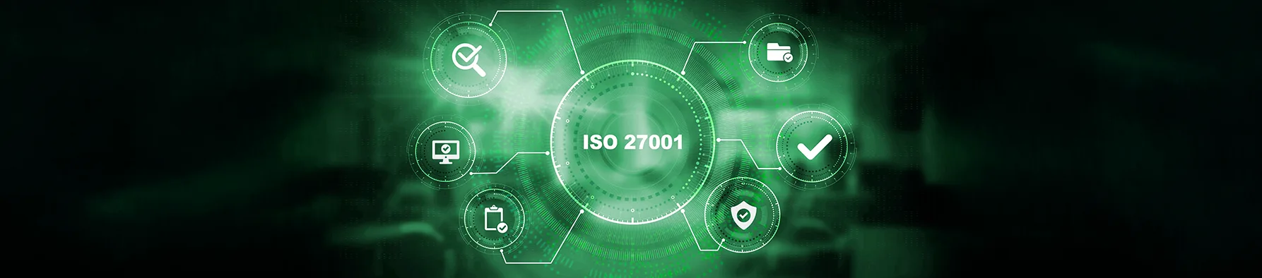 Um gráfico digital em tons de verde, com o texto central "ISO 27001" cercado por ícones de segurança, auditoria e conformidade. A imagem simboliza o sistema de gestão de segurança da informação.