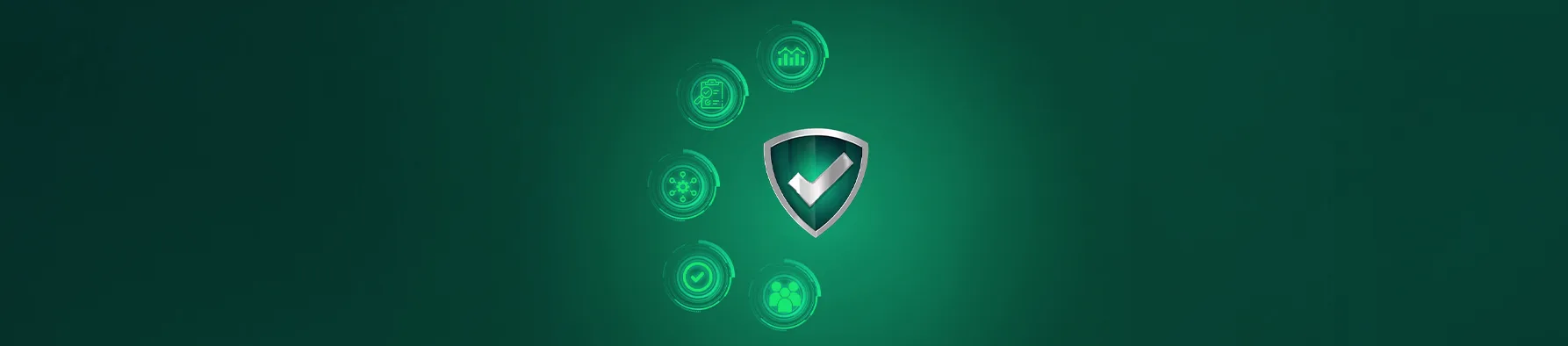 Uma imagem abstrata de fundo verde escuro, com um escudo de segurança proeminente no centro, contendo um check de verificação. O escudo é cercado por ícones digitais que representam processos e dados. Este visual simboliza a segurança e a confiabilidade de uma Plataforma para assinatura digital.