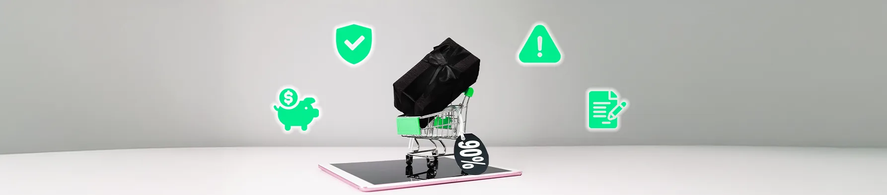 Um carrinho de compras em miniatura, com uma caixa de presente e uma tag de 90%, está sobre um tablet. Ícones digitais verdes de poupança, segurança e documentos legais flutuam ao redor. A imagem simboliza a importância da segurança jurídica na Black Friday.
