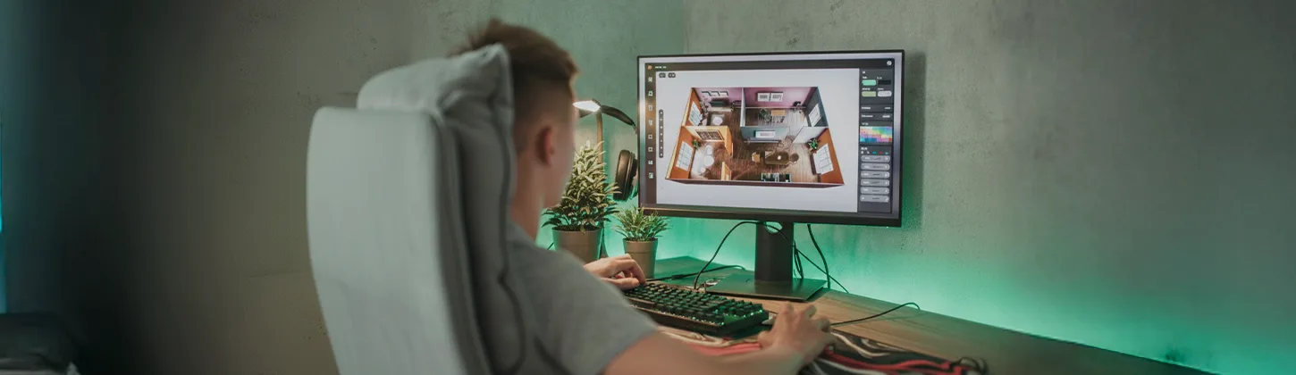 Um designer está trabalhando em seu computador em um projeto de design de interiores renderizado em 3D em sua tela. A imagem representa o trabalho criativo digital e a importância de formalizar cada projeto com um contrato para designers freelancers.