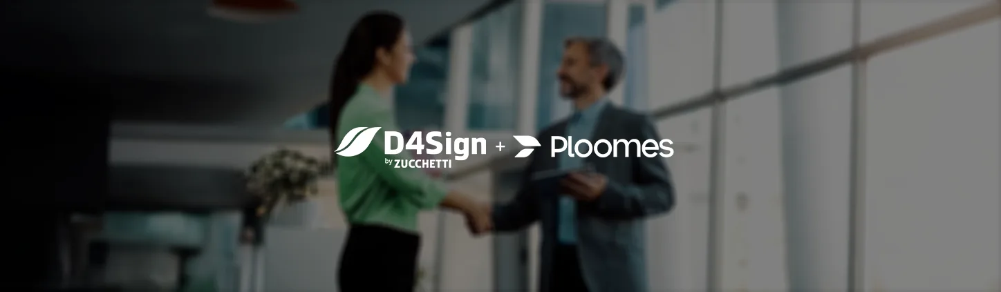 O logo da D4Sign e da Ploomes está em destaque sobre a imagem desfocada de dois profissionais apertando as mãos. O visual representa a integração de assinatura digital com CRM, unindo a formalização de contratos à gestão estratégica de clientes.