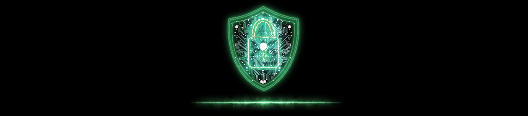 Gráfico digital de um escudo verde neon com um cadeado central, representando a proteção de dados através do princípio do privilégio mínimo (PoLP).