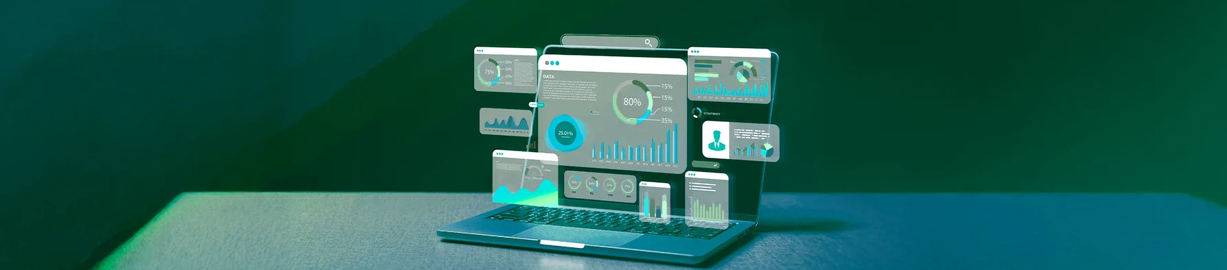 Laptop exibe painel de dados e gráficos sobre mesa, exemplificando a integração de CRM e assinatura eletrônica e digital para gestão ágil.