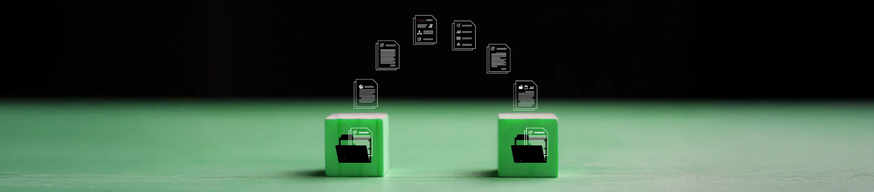 O Gemini disse Ícones de arquivos digitais flutuam entre dois blocos verdes, ilustrando o fluxo seguro da migração de documentos para a D4Sign.