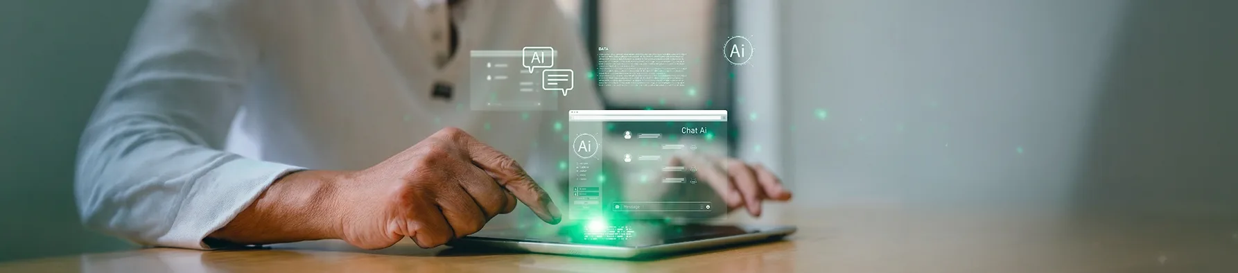 Usuário interage com tablet exibindo interface futurista de chat e ícones de inteligência artificial, ilustrando a funcionalidade D4Sign Help.AI da D4Sign.
