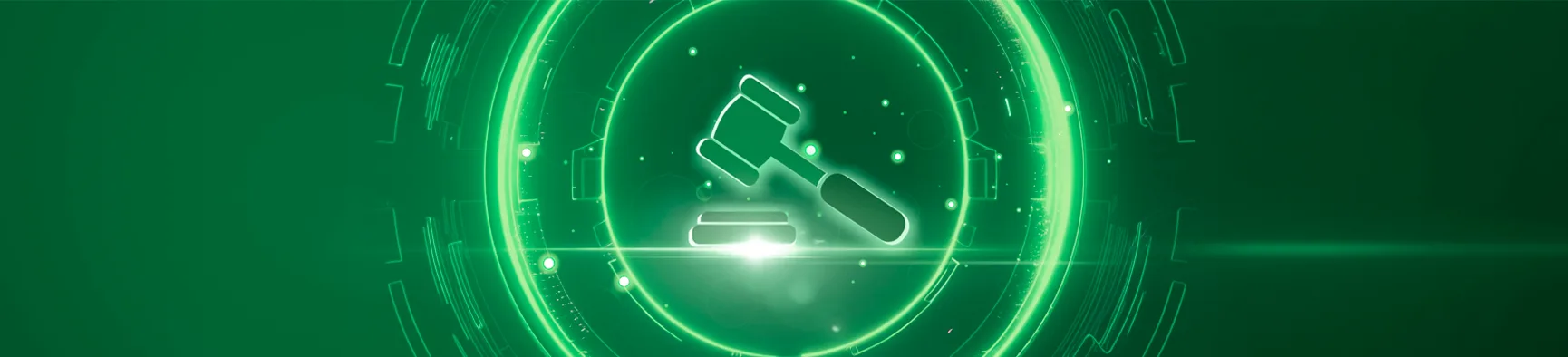 Ícone de martelo jurídico em neon verde centralizado em círculos de dados, representando a segurança da assinatura eletrônica para departamentos jurídicos.