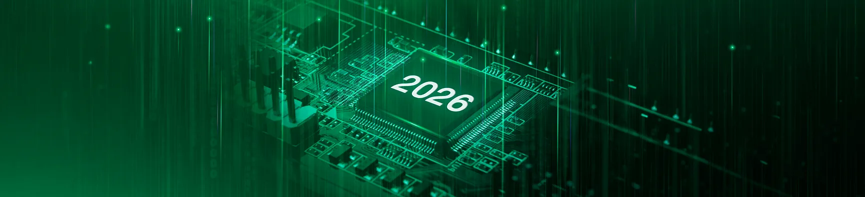 Placa de circuito eletrônico iluminada em tons de verde destaca o ano "2026" em seu processador central, ilustrando as inovações e tendências de assinatura eletrônica em 2026.