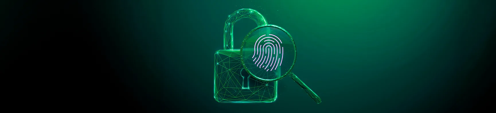 Cadeado digital e lupa analisando uma impressão digital em fundo verde, ilustrando a segurança de uma trilha de auditoria.