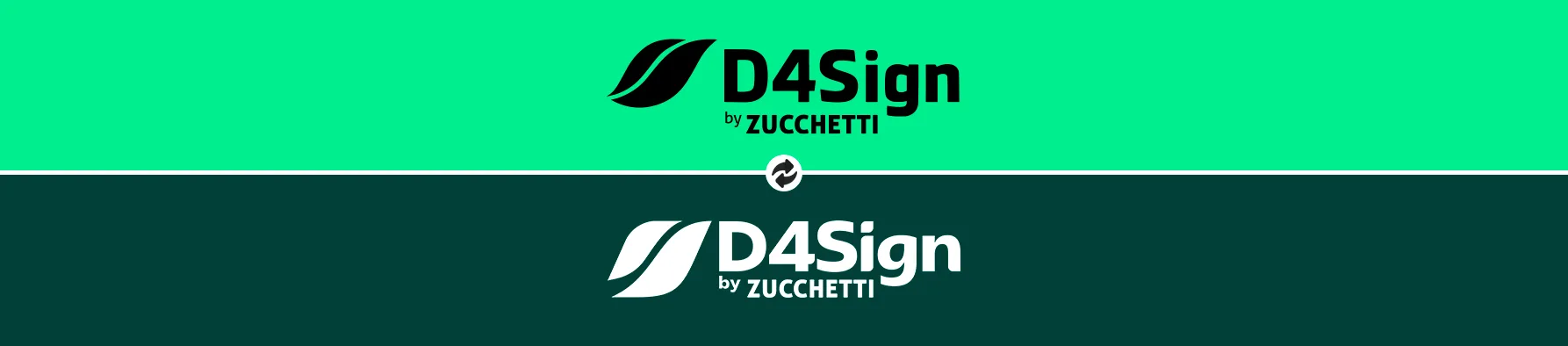 Variações de cor do logotipo em fundo verde-claro e escuro, apresentando a identidade visual da D4Sign.