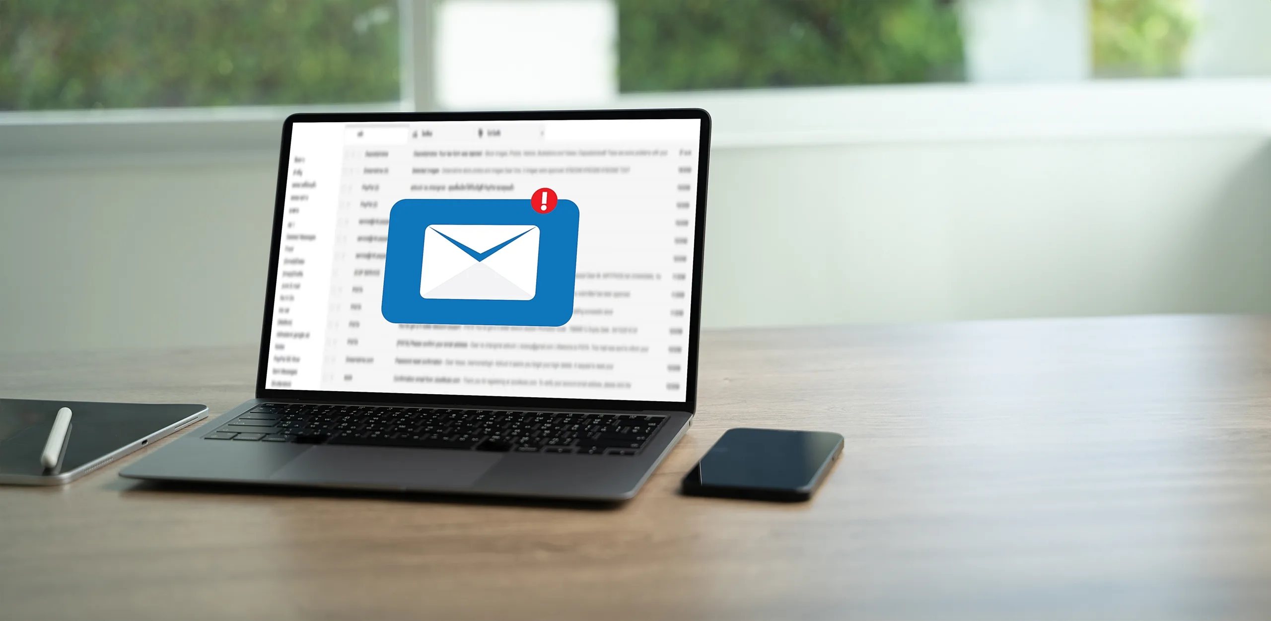 Laptop com ícone de envelope e aviso de notificação na tela, representando o perigo de um e-mail falso.
