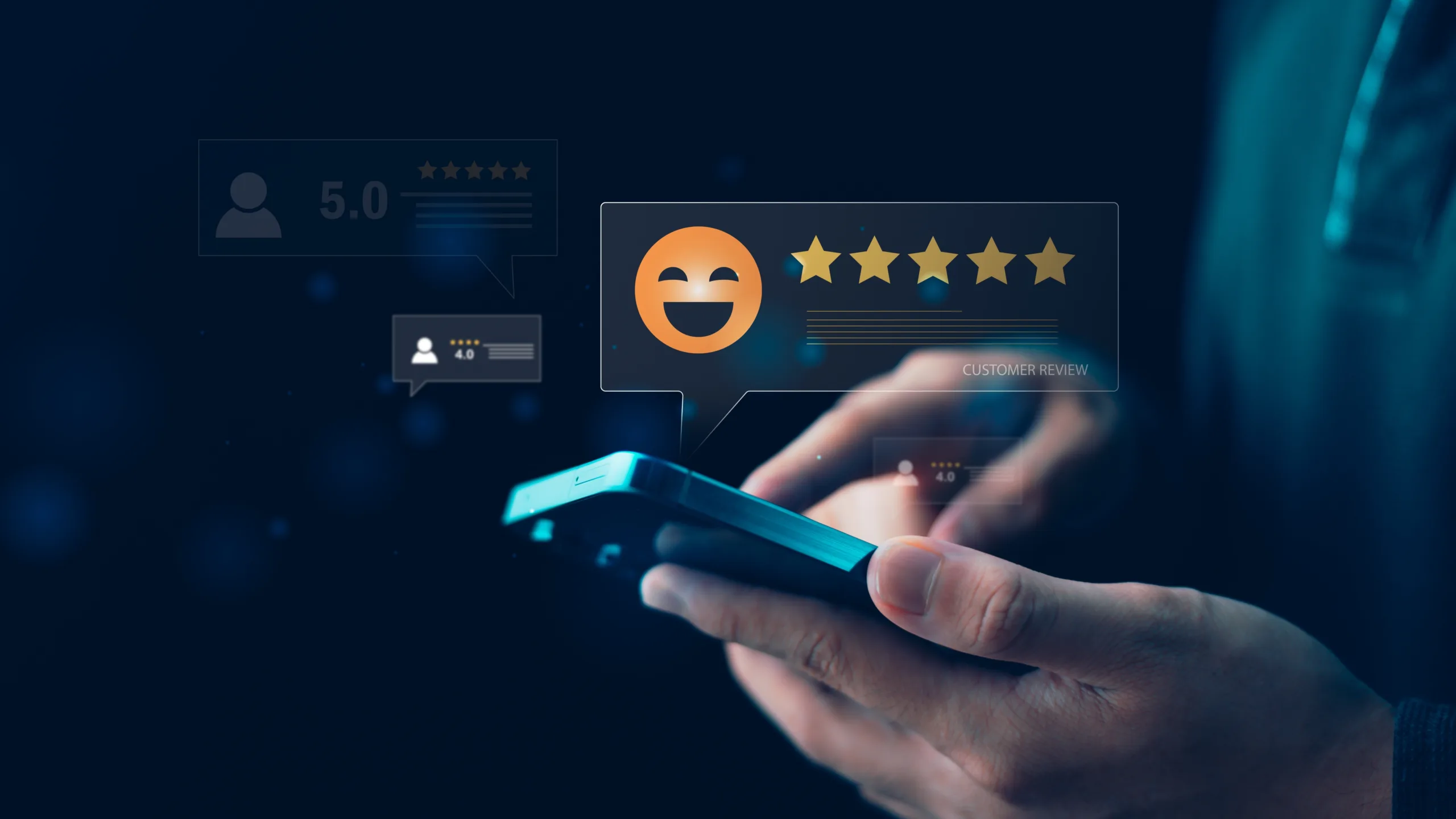 Pessoa segurando smartphone com interface digital de avaliação de cinco estrelas e emoji sorridente, simbolizando a satisfação do cliente.